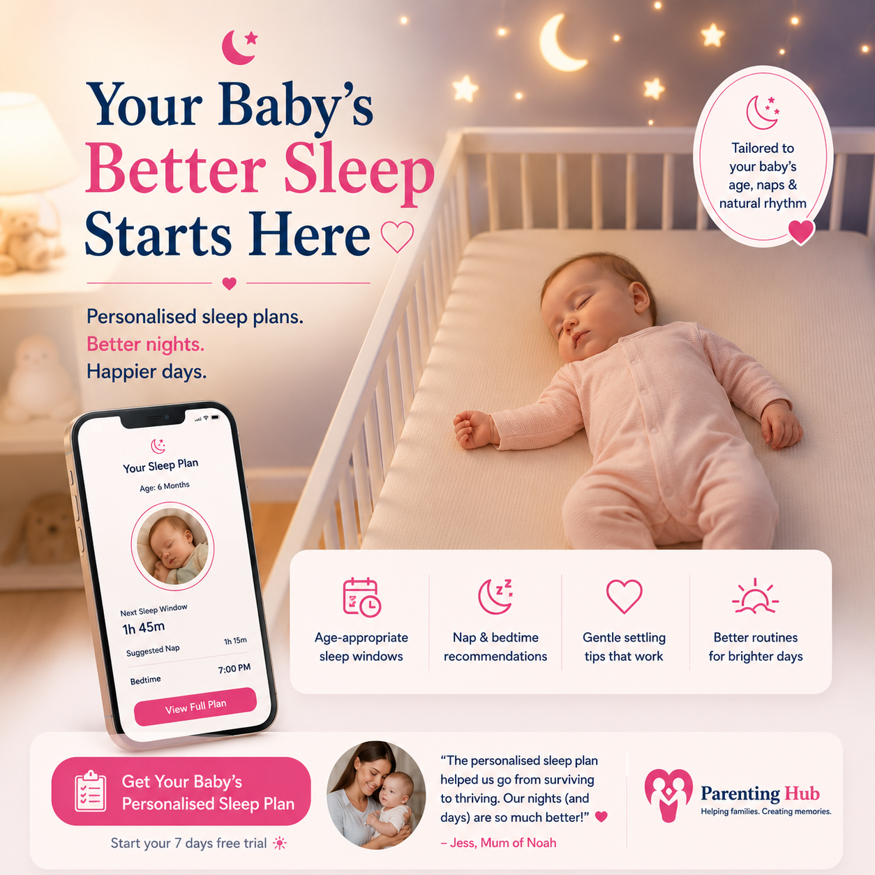 Personalised baby sleep plan preview on a phone beside a peacefully sleeping baby