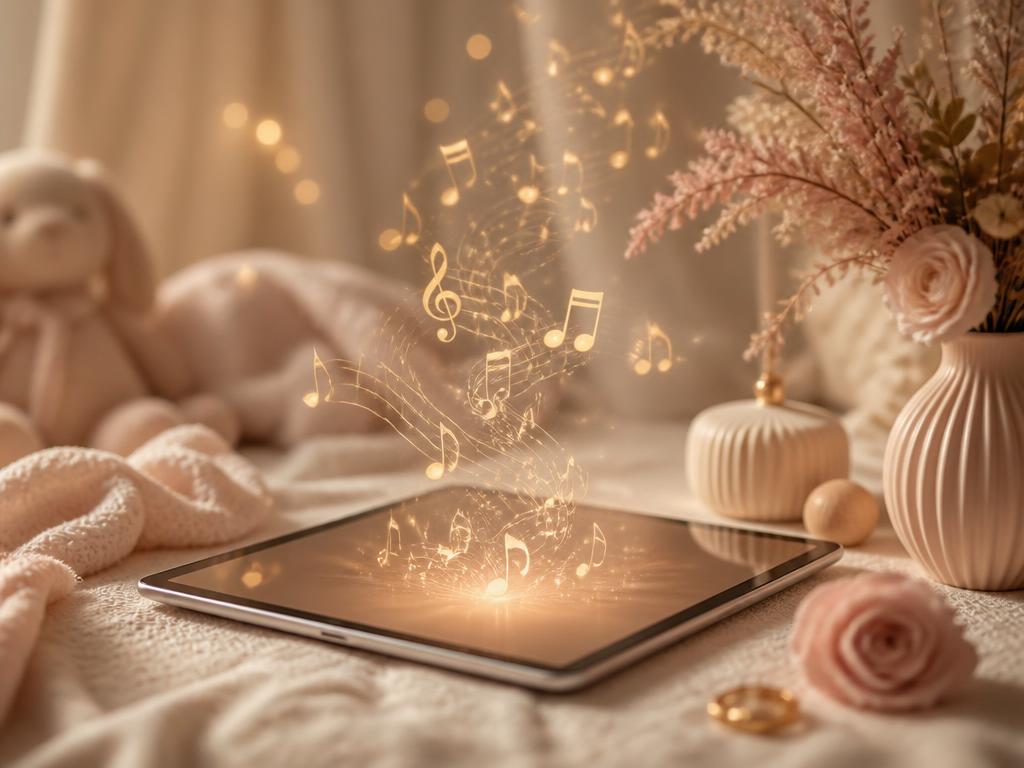 Glowing music notes flowing from a tablet in a soft nursery setting