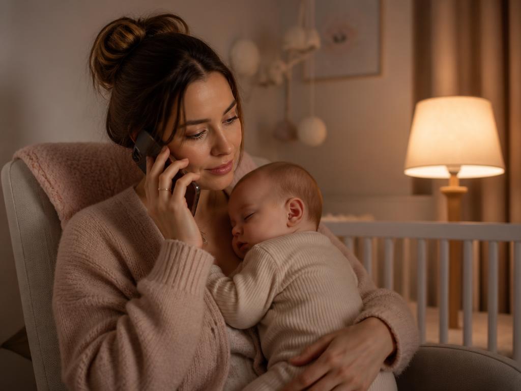 Parent softly speaking into a phone while cuddling their baby