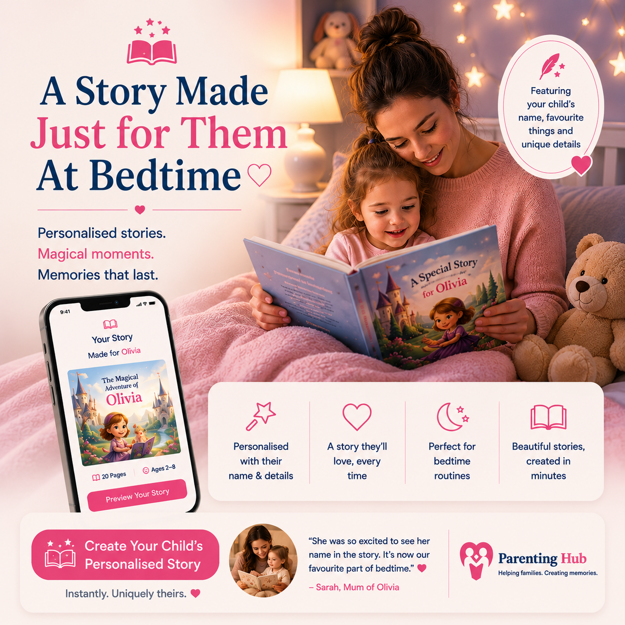 Personalised bedtime story cover featuring a parent reading to their child