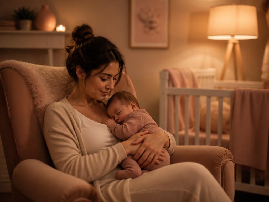 Parent rocking their sleeping baby in a nursery chair at night