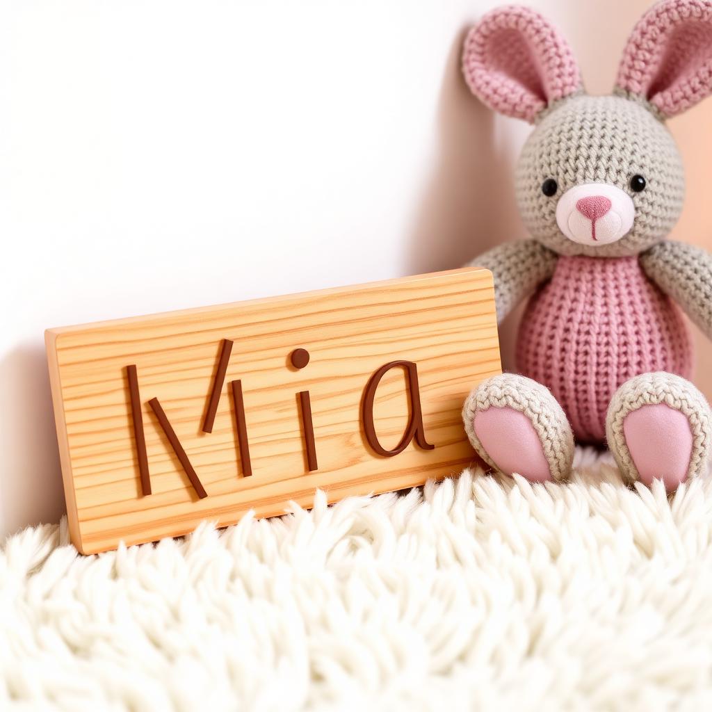 Personalised wooden name plaque beside a knitted bunny on a cream rug in soft light