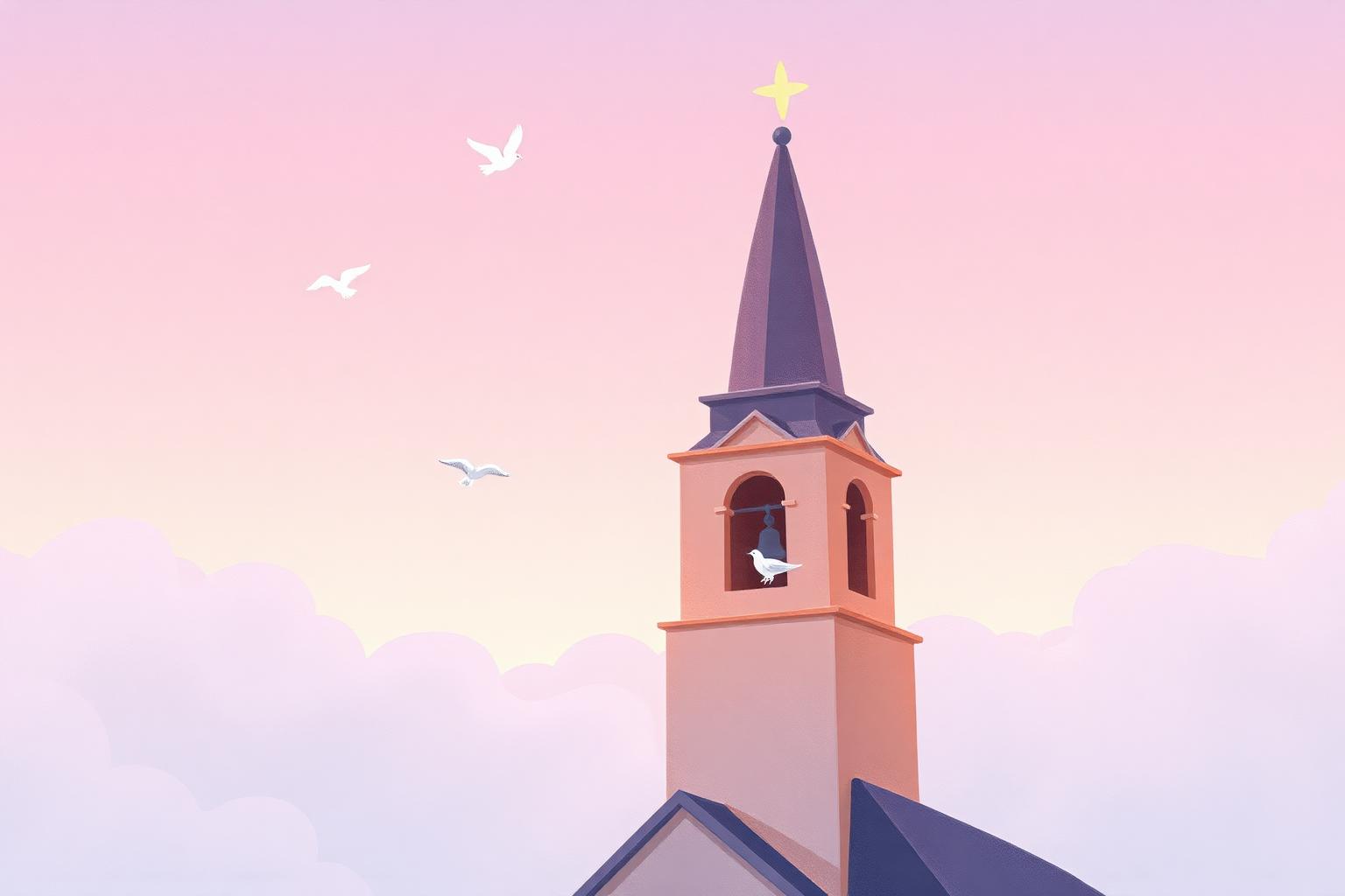 Pastel pink church bell tower at dawn with doves and clouds — Are You Sleeping Frère Jacques