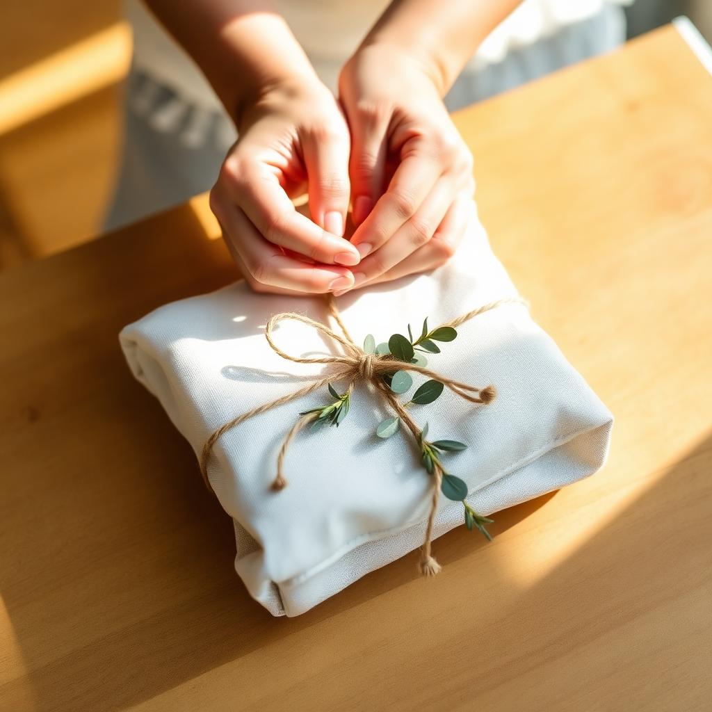 Hands tying twine around a soft linen baby gift bundle with eucalyptus