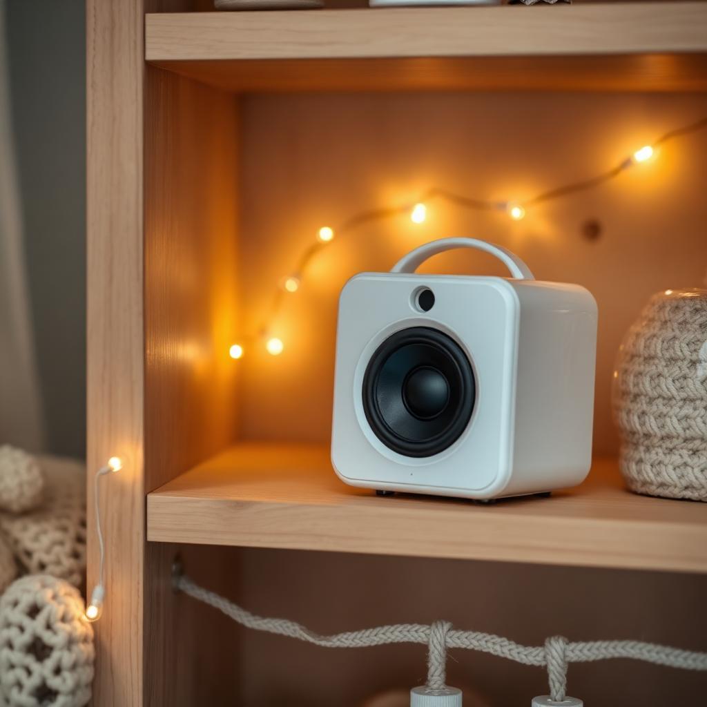 Small white speaker on a wooden nursery shelf next to soft fairy lights