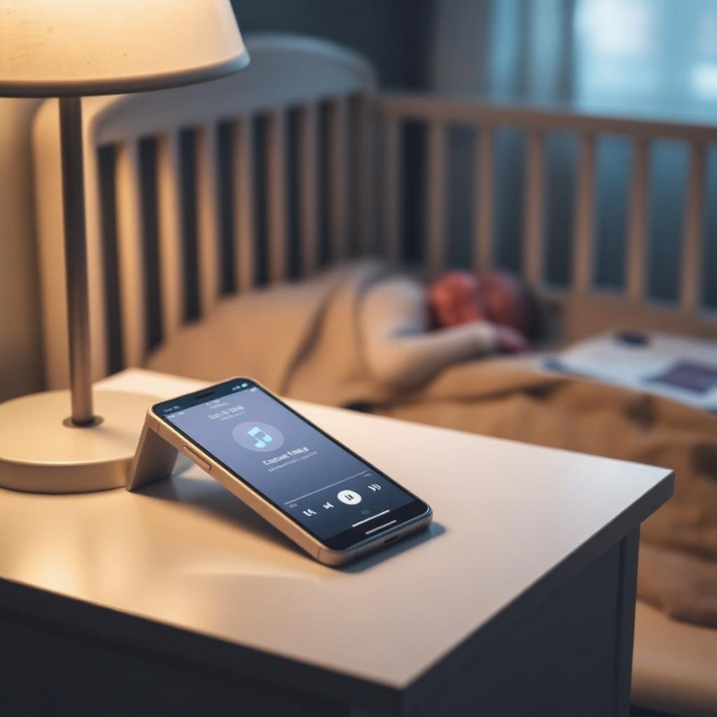 Phone on bedside table playing a calm music app, with a sleeping baby visible in the cot in the background