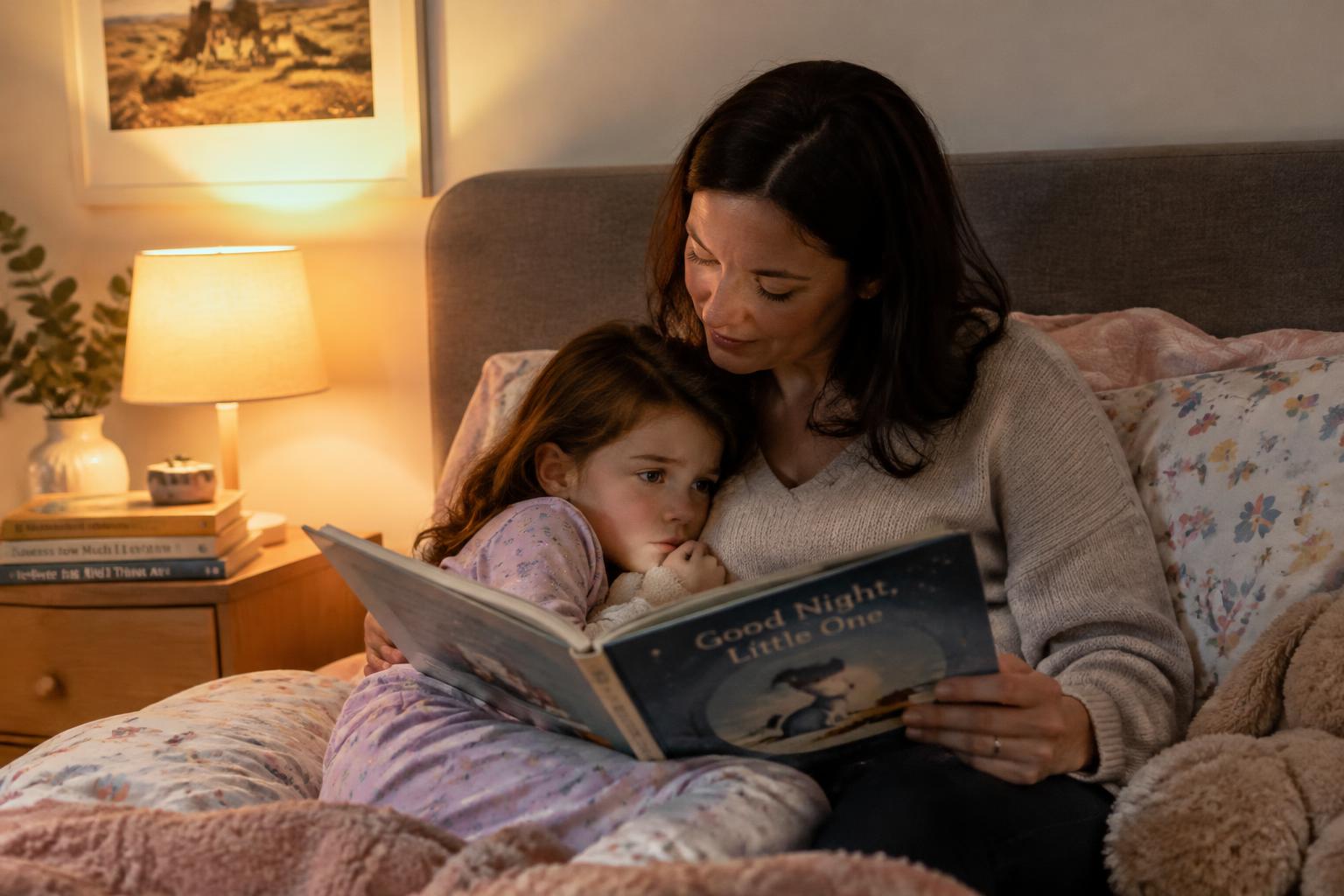 Child holding a soft toy while a parent reads quietly beside them in warm lamplight