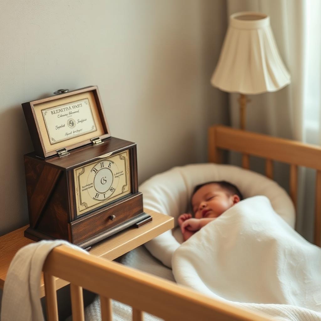 Vintage wooden music box on a shelf next to a sleeping newborn in a bassinet, warm lamp light