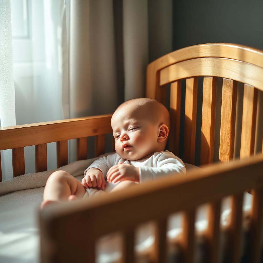 Clock at midday beside a sleeping baby in a cot — gentle wake-window timing helps lengthen naps