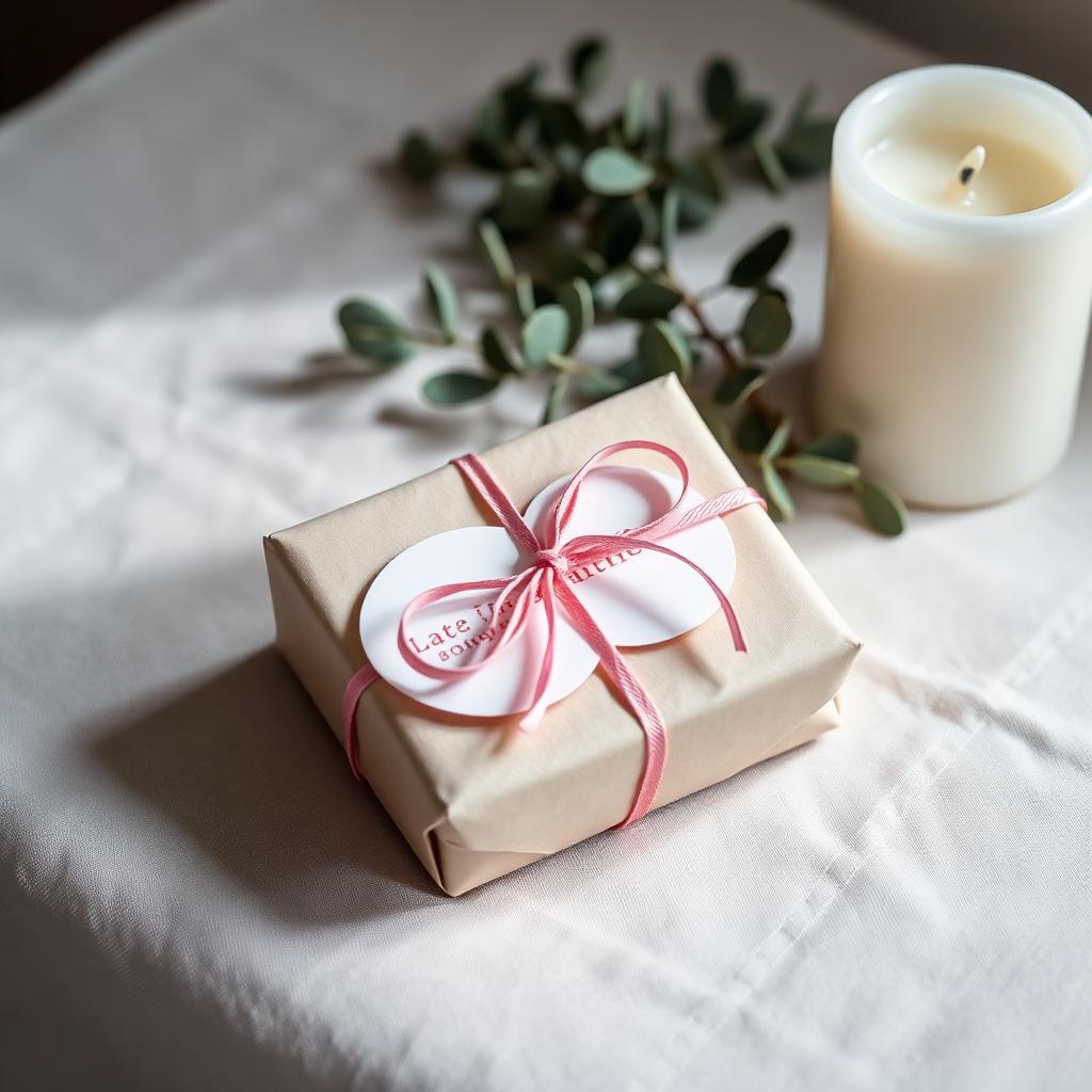 Beautifully wrapped pink gift with handwritten tag beside white candle and eucalyptus