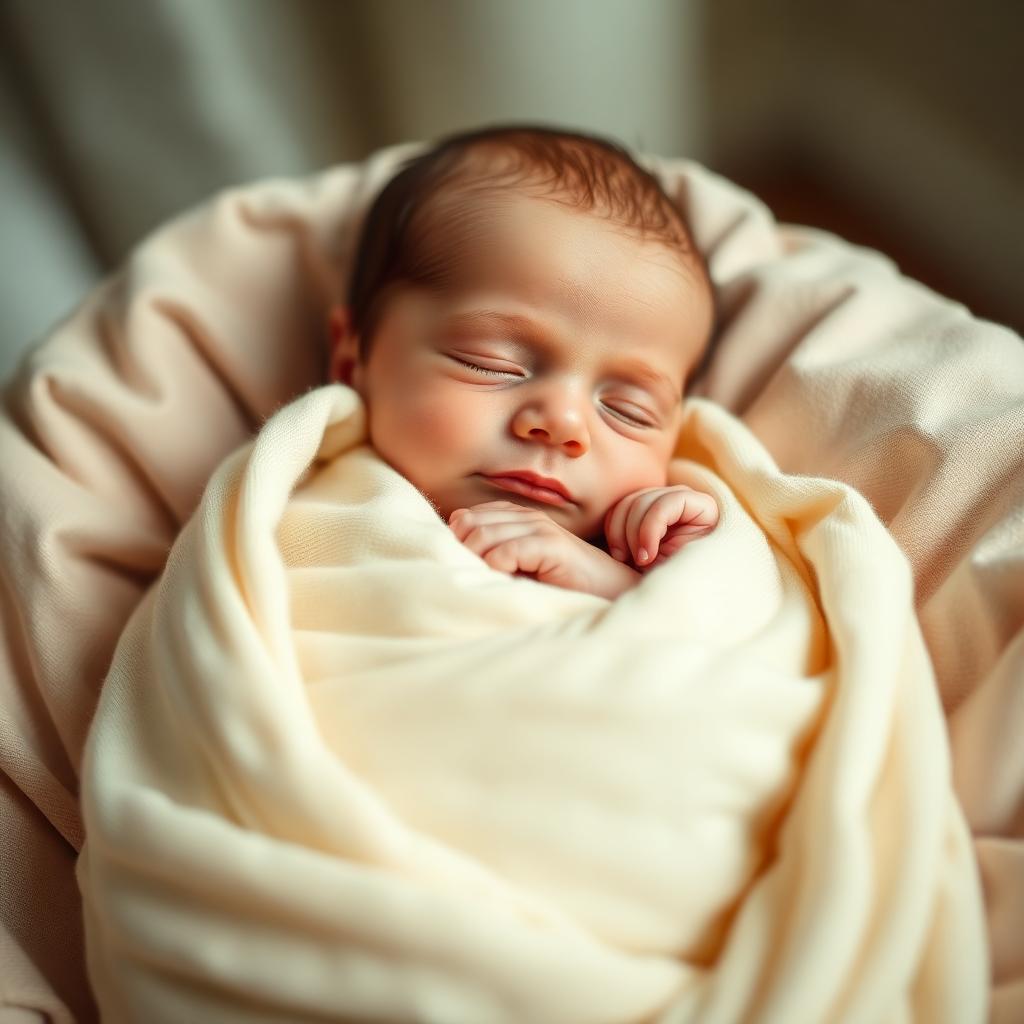 Calm newborn swaddled in soft cream wrap