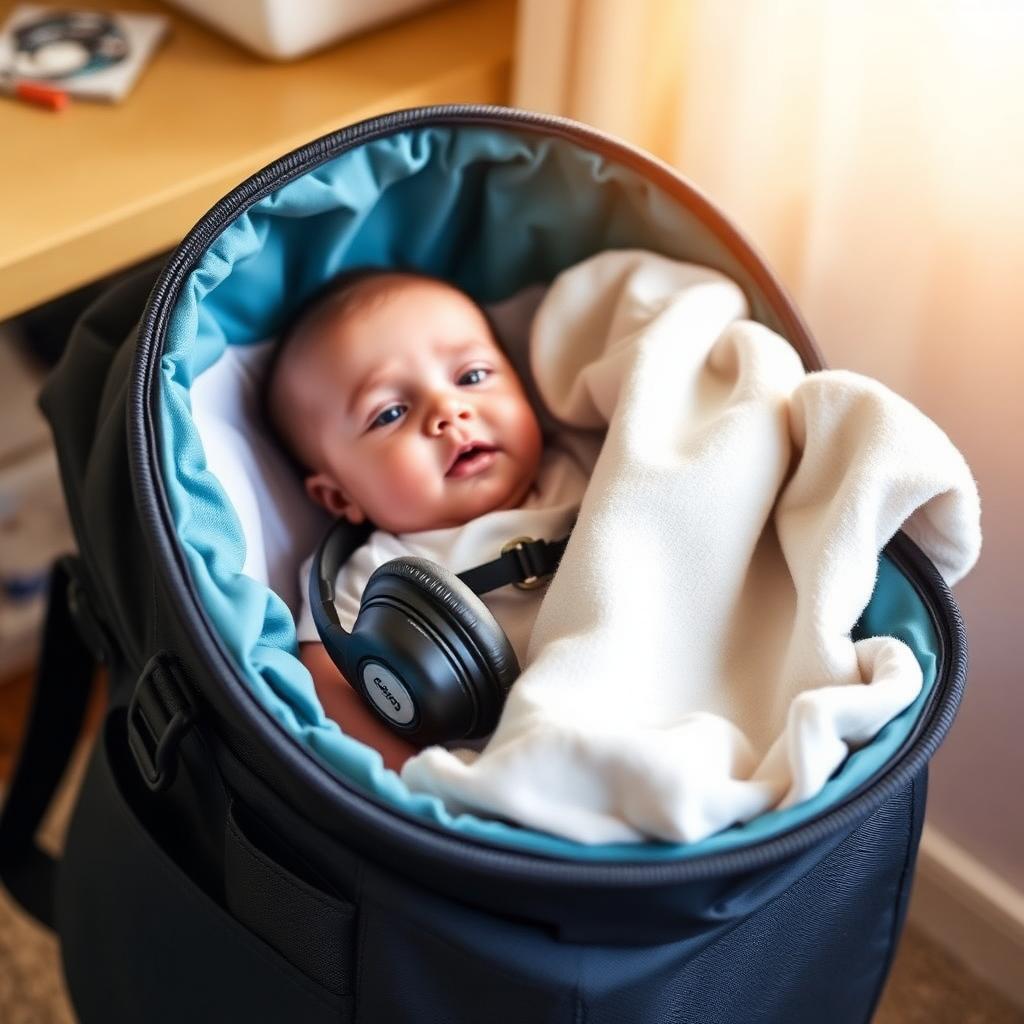 Small labelled baby bag with comforter blanket and headphones ready for daycare