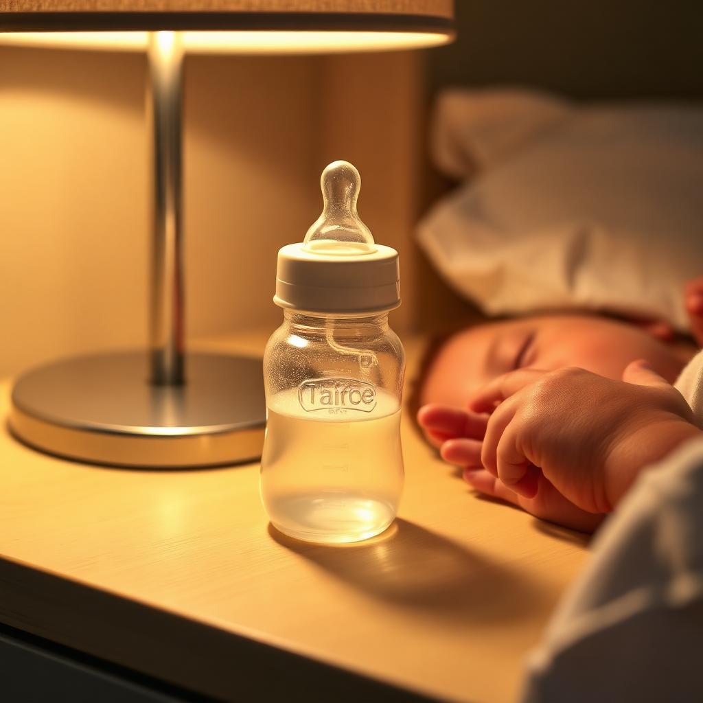 Baby bottle beside a peacefully swaddled newborn ready for a dream feed