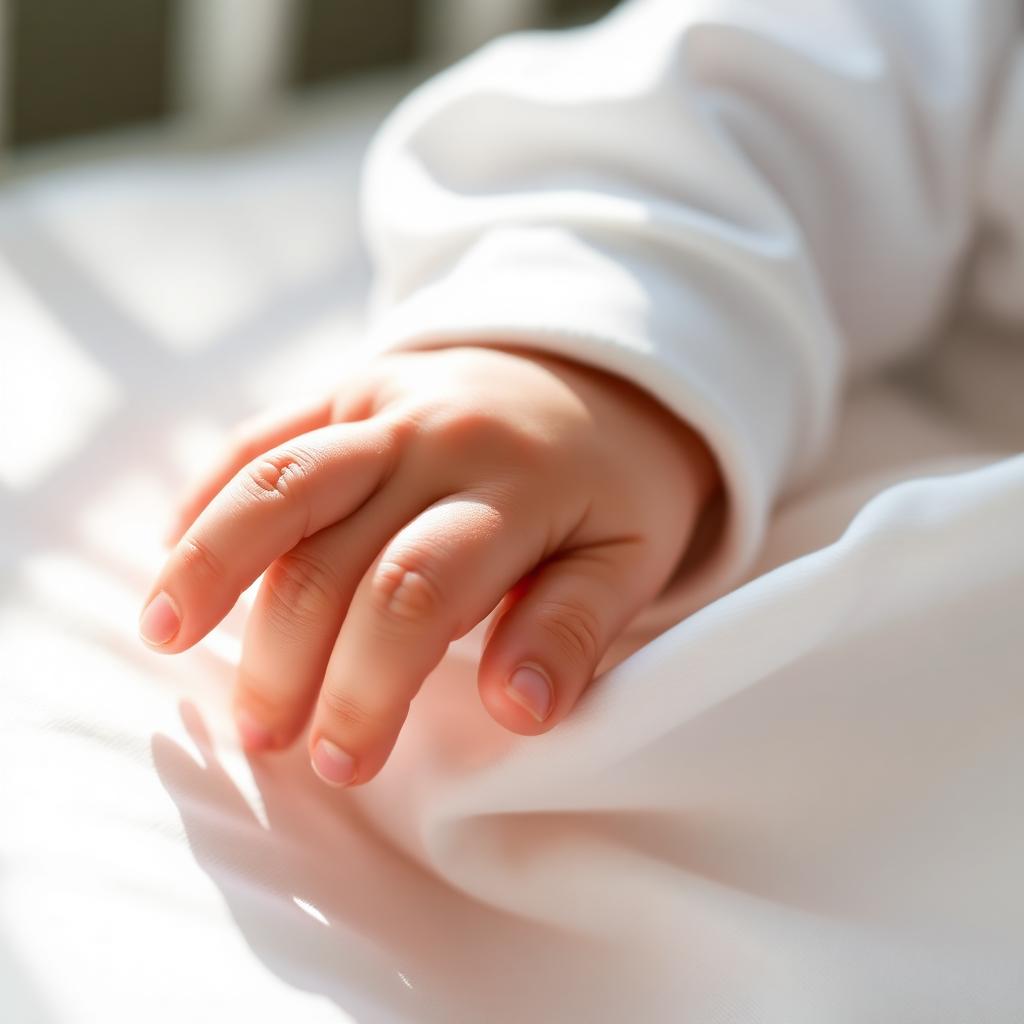 Close-up of sleeping baby's hand on soft white cot sheet in morning light