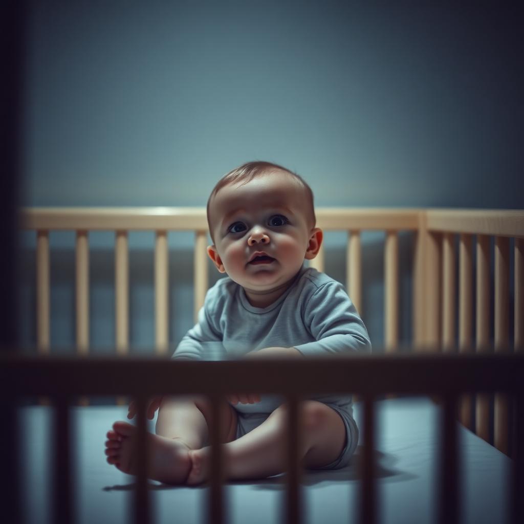 Eight-month-old baby sitting up in a cot at night with a soft nightlight glow