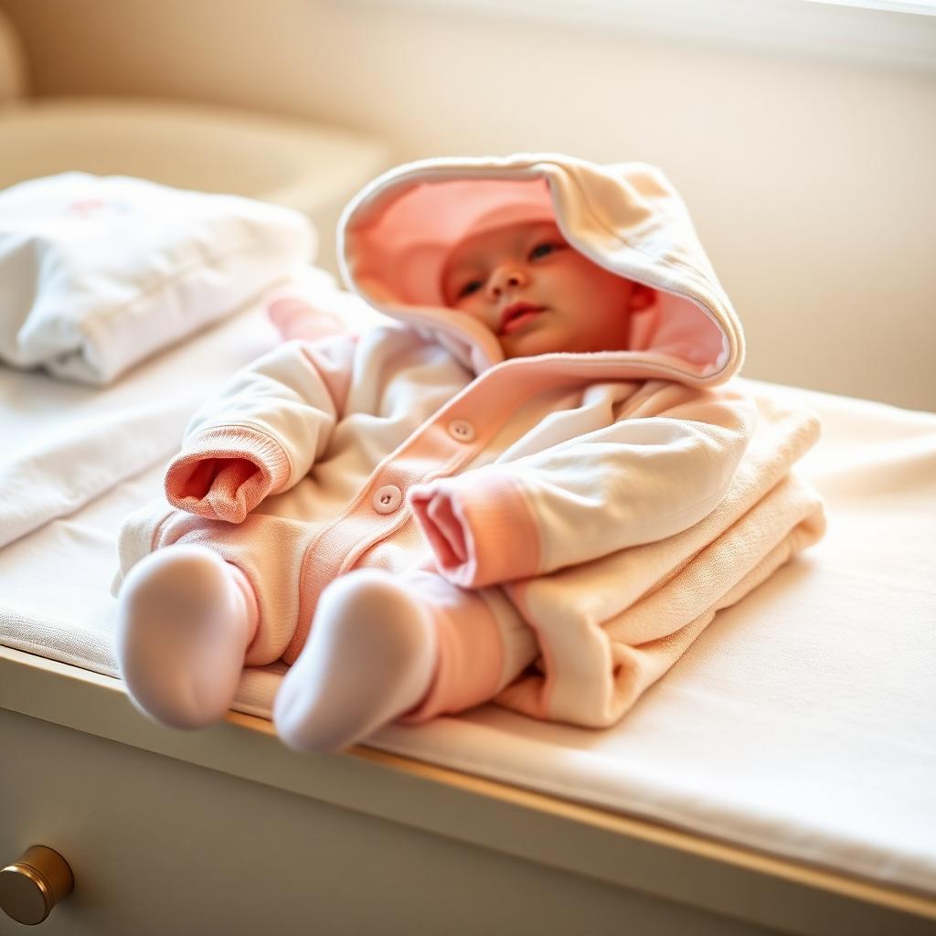 Soft baby pyjamas folded with hooded towel and lotion on changing table