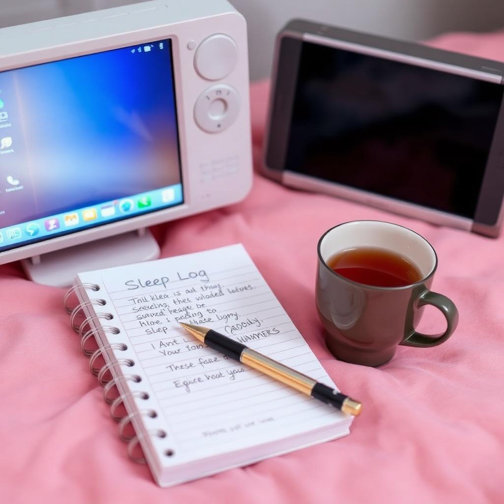 Sleep log notebook and pen beside a softly glowing baby monitor on a pastel surface