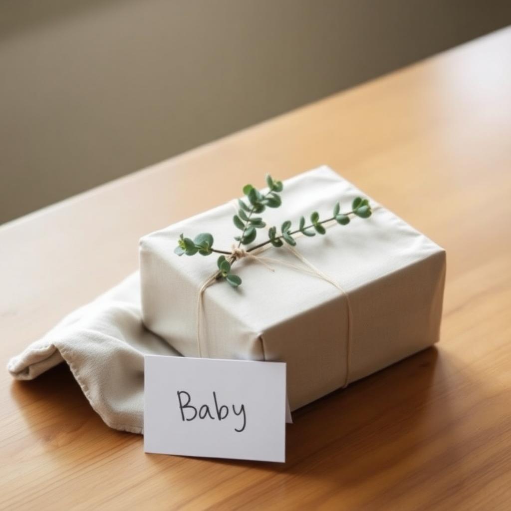 Neutral linen wrapped baby gift on a wooden table with eucalyptus