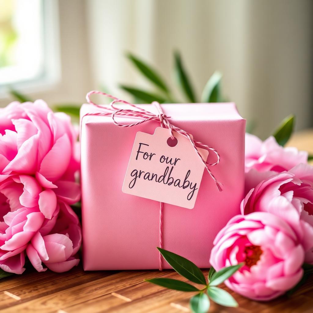 Beautifully wrapped pink gift box with a handwritten tag reading 'For our grandbaby' beside fresh peonies