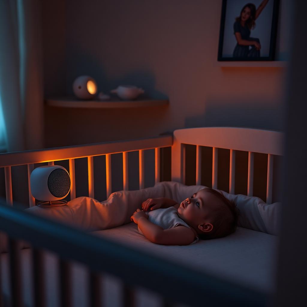 Baby in cot listening to a soft glowing speaker in a dim nursery