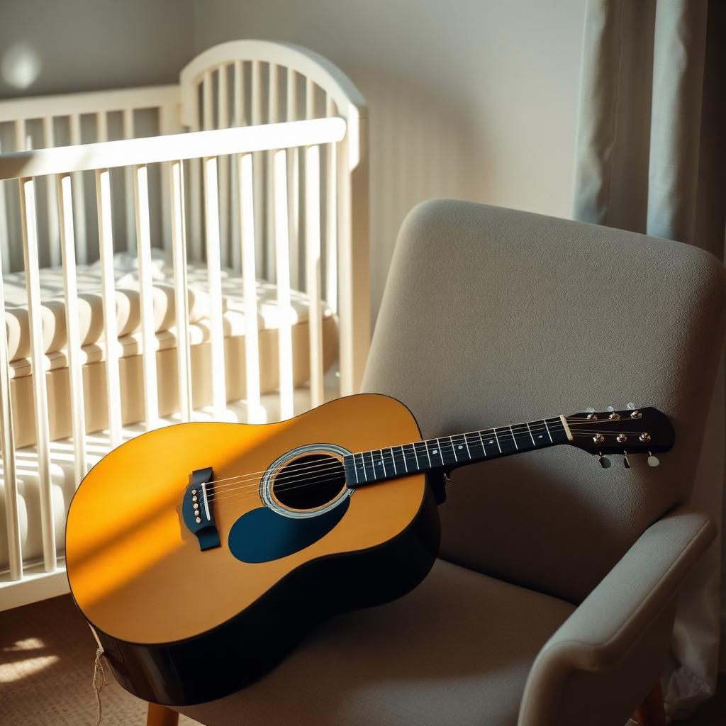 Acoustic guitar resting on a chair next to a baby's cot in soft afternoon light