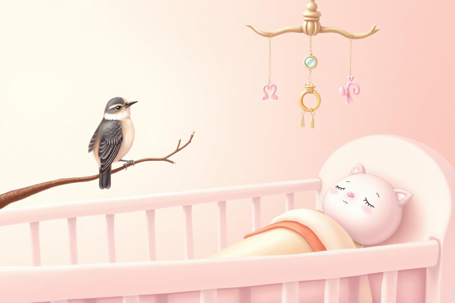 Soft pink nursery with mockingbird on a branch beside a baby's crib mobile with ring, looking glass and billy goat charms — Hush Little Baby