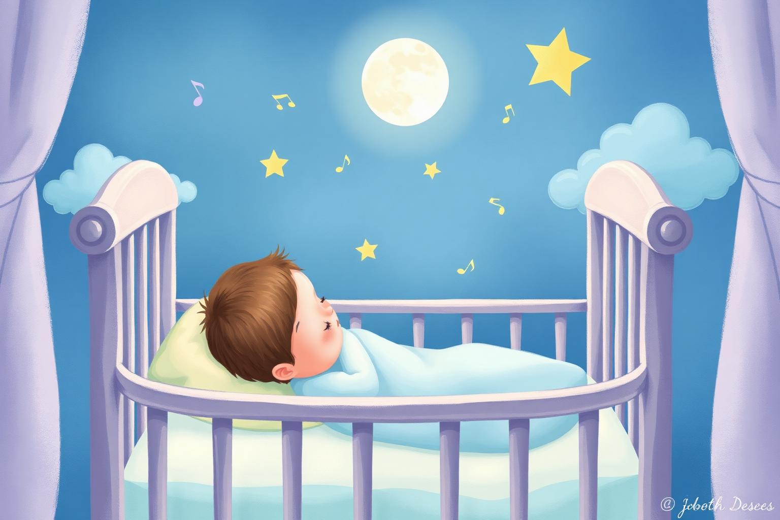 Sleeping baby in a softly-lit nursery with floating musical notes — personalised lullaby for Henry