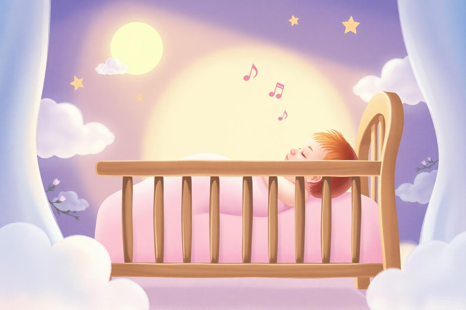Sleeping baby in a softly-lit nursery with floating musical notes — personalised lullaby for Olivia