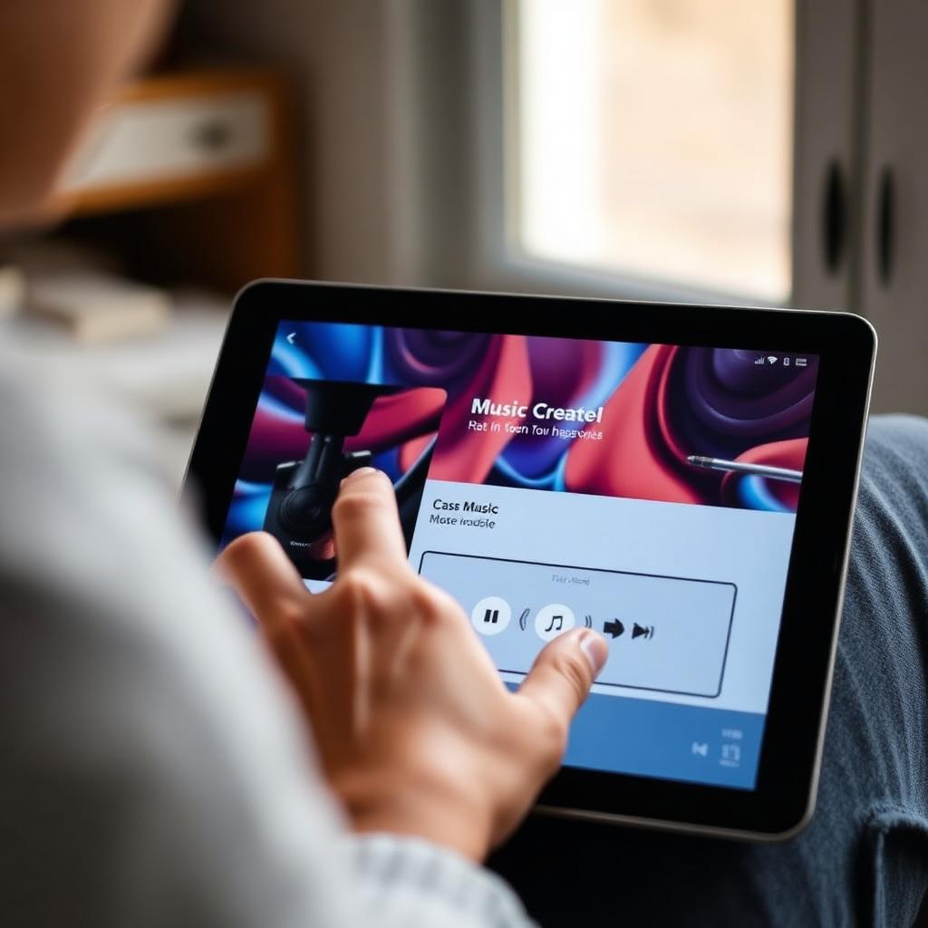 Close-up of a tablet screen showing a music creation interface in a bright Australian home