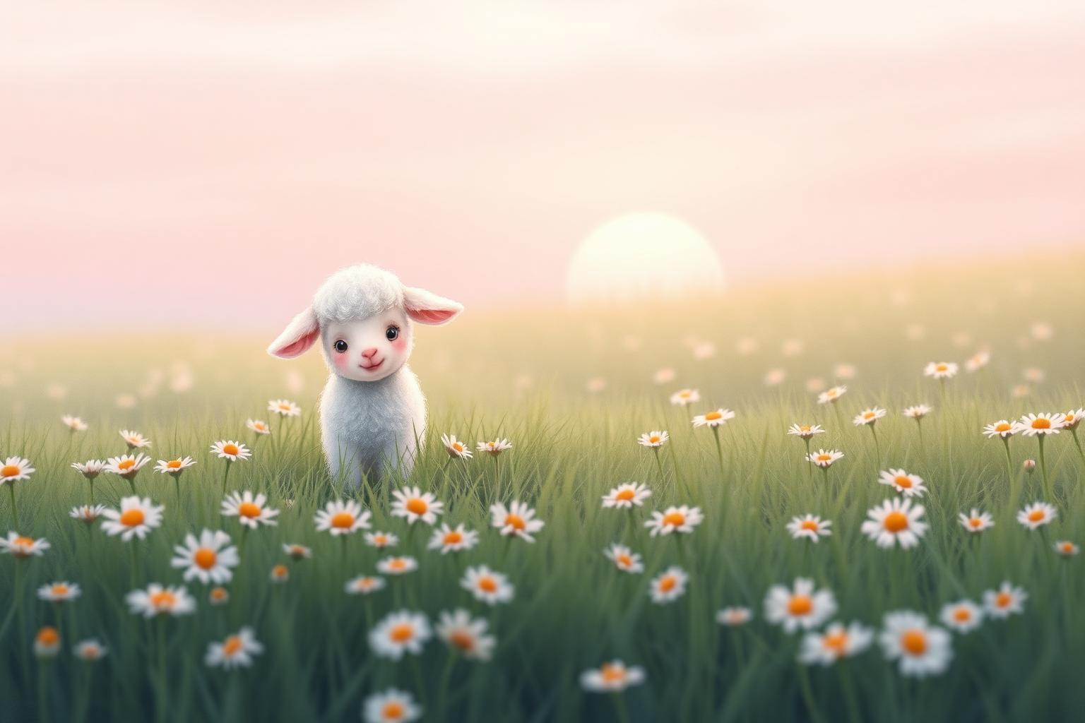 Tiny fluffy lamb in a daisy meadow at pink dawn, illustrated children book style — Mary Had a Little Lamb