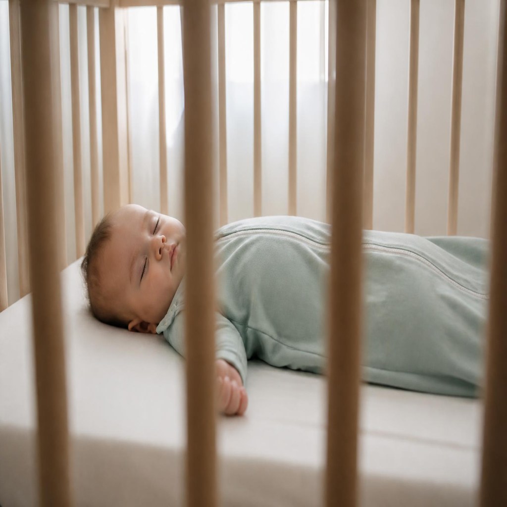 Six-month-old baby being gently placed in a cot for a nap in a calm nursery