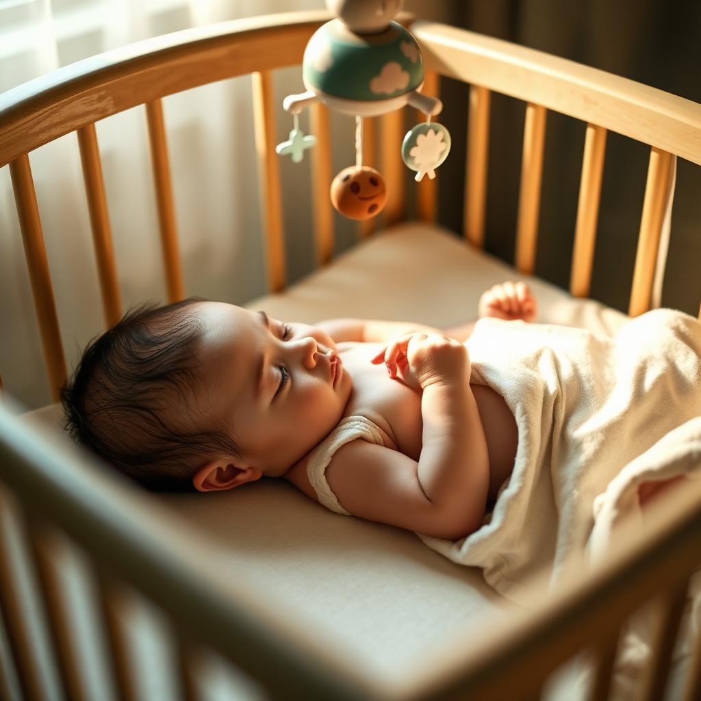 Sleeping baby in a cot with a soft mobile spinning slowly above, low warm light