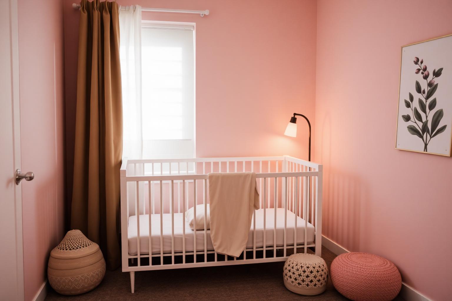 Calm Australian nursery with white cot, sheer curtains and warm night light glowing
