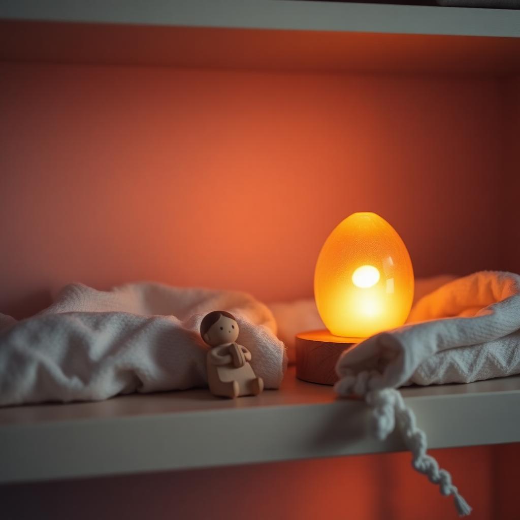 Warm amber night light glowing on a nursery shelf beside a small wooden figurine