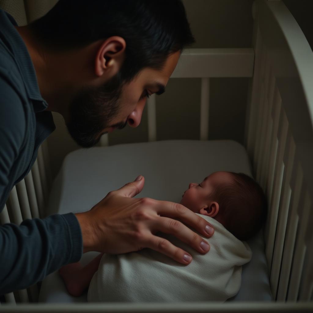 Dad whispering goodnight to baby in cot, hand resting gently on baby's back, soft night light glow