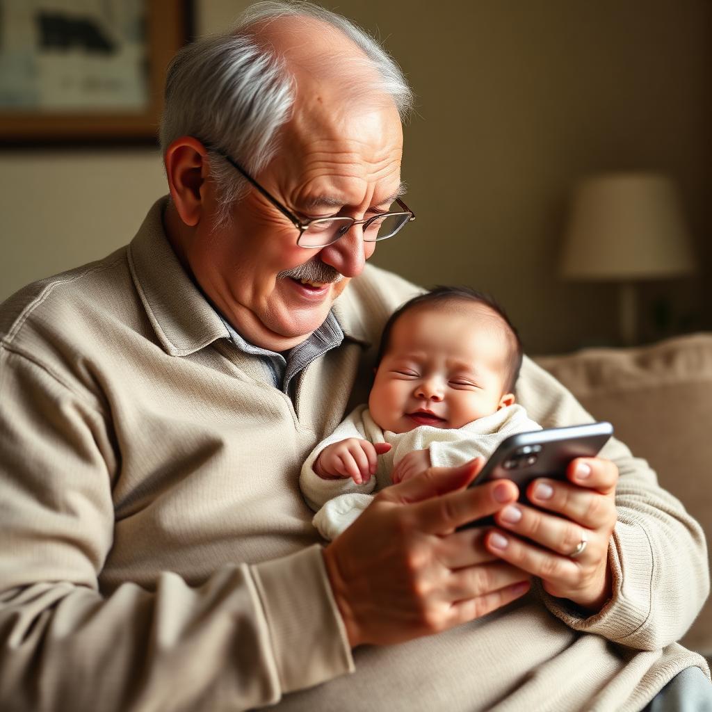 Grandparents holding a newborn while looking at a phone together, listening to music, warm light