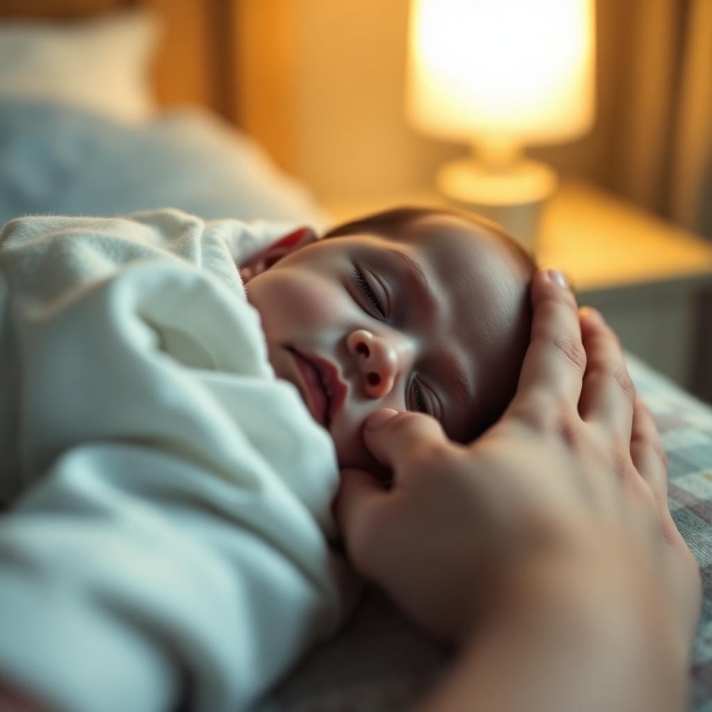 Sleeping baby with a parent's hand resting nearby in soft lamp light