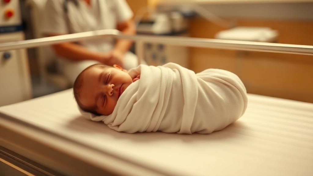 Parent's finger gently held by a tiny premature newborn's hand in a softly lit hospital bassinet