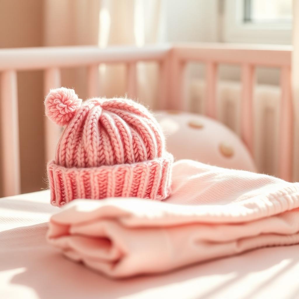 Small Bluetooth speaker beside a knitted preemie beanie in a soft sunlit nursery