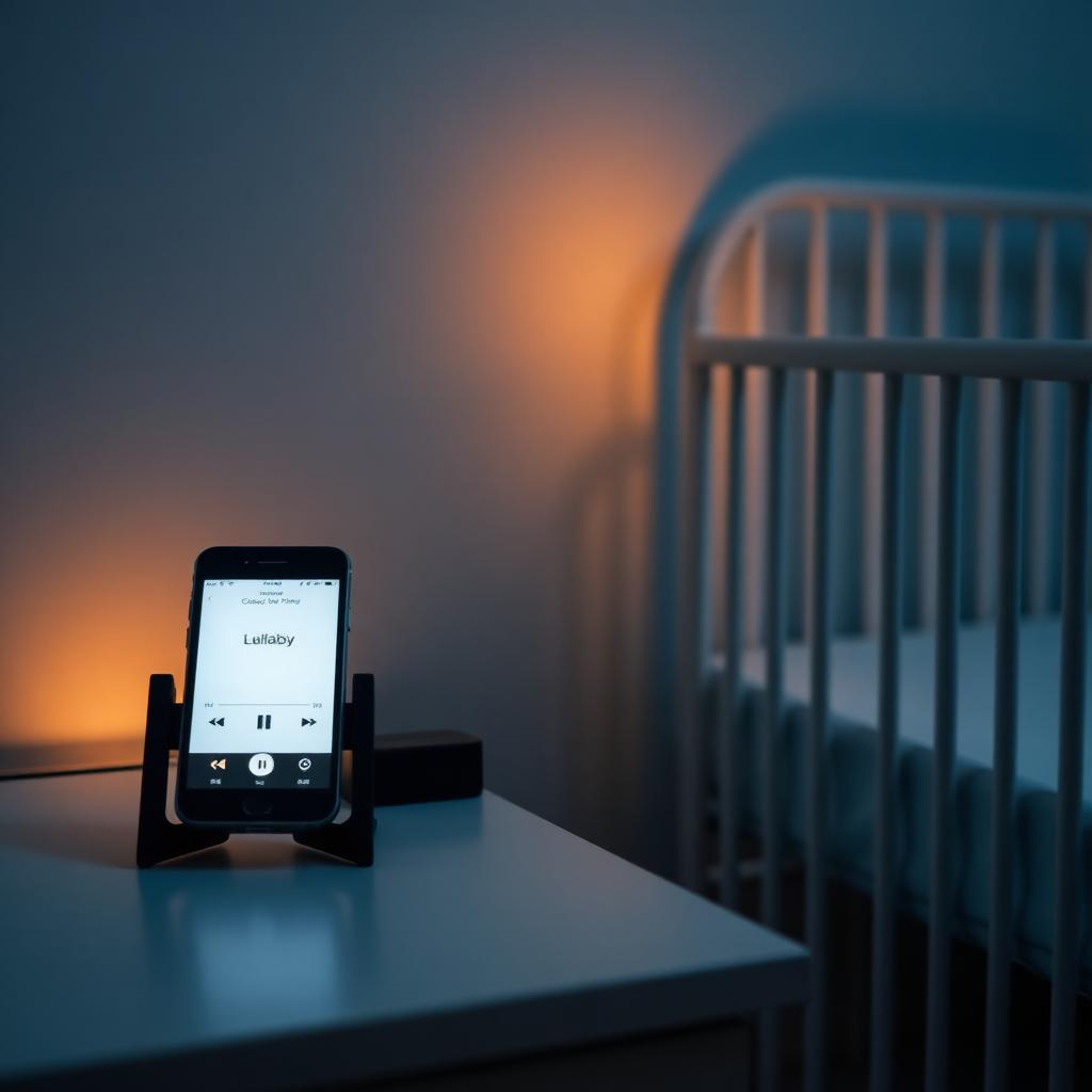 Phone playing lullaby on bedside table beside cot in dim nursery