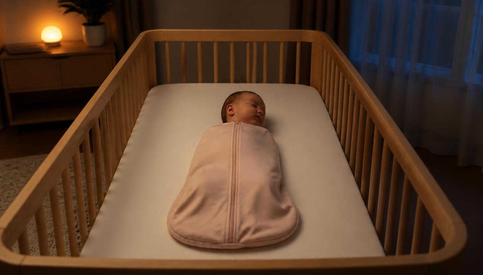 Peaceful baby sleeping soundly in a cot through the night with soft moonlight through curtains