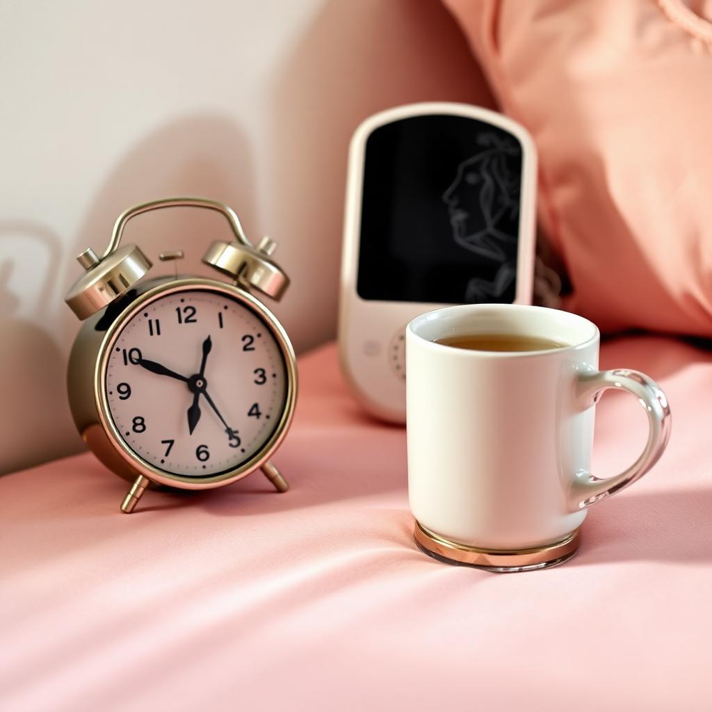 Bedside alarm clock reading 6:30 beside a baby monitor and a steaming mug of tea