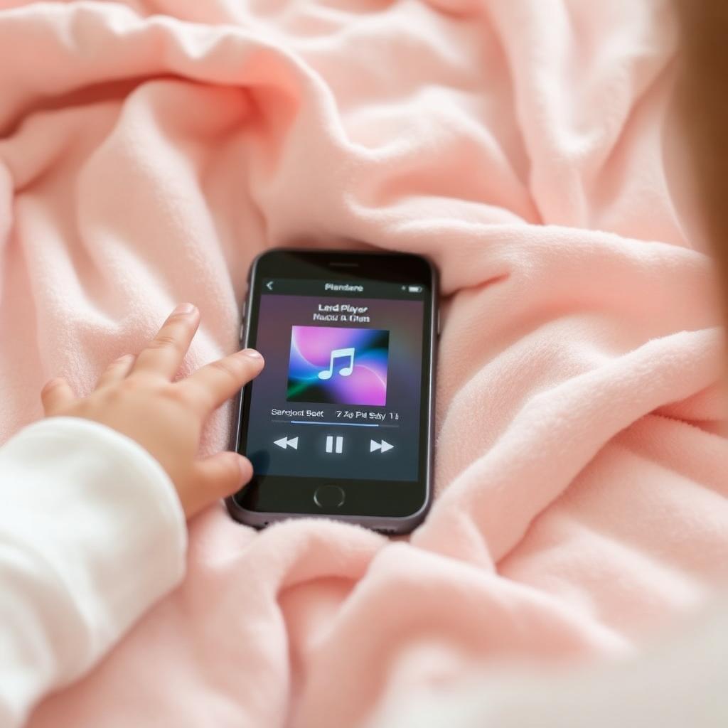 Smartphone on a soft pastel blanket playing a music app, with a baby's hand reaching toward the screen
