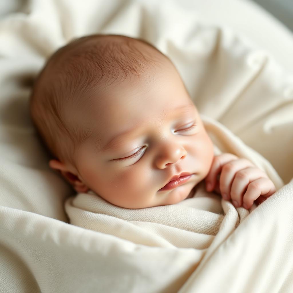 Close-up of a newborn baby's hands gently swaddled in soft linen