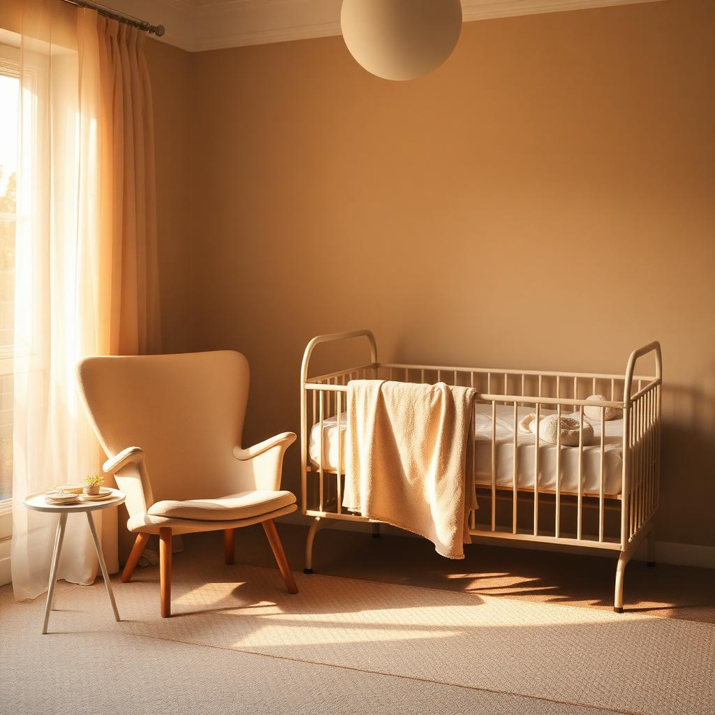 Empty nursing chair with soft blanket beside a cot in warm light