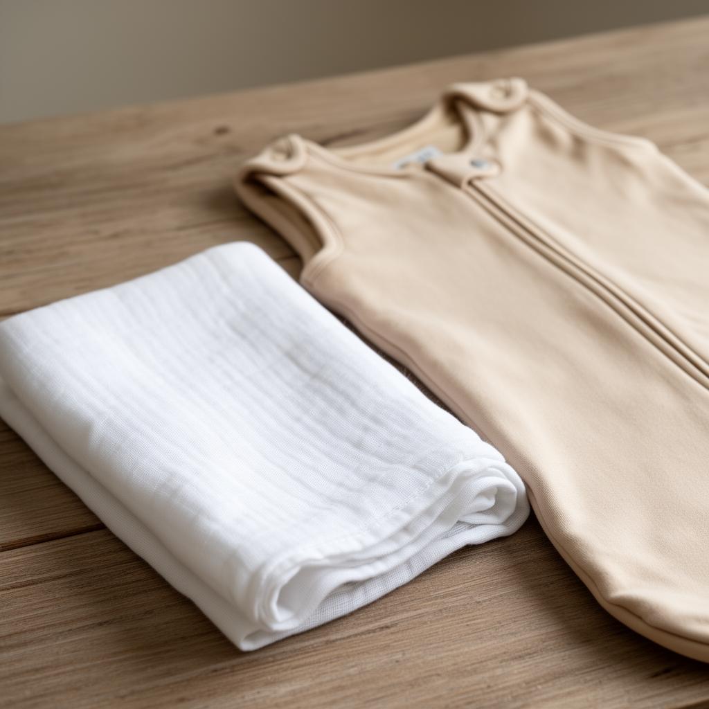 Two folded baby sleeping bags in pastel pink and cream — the swaddle-to-bag transition kit