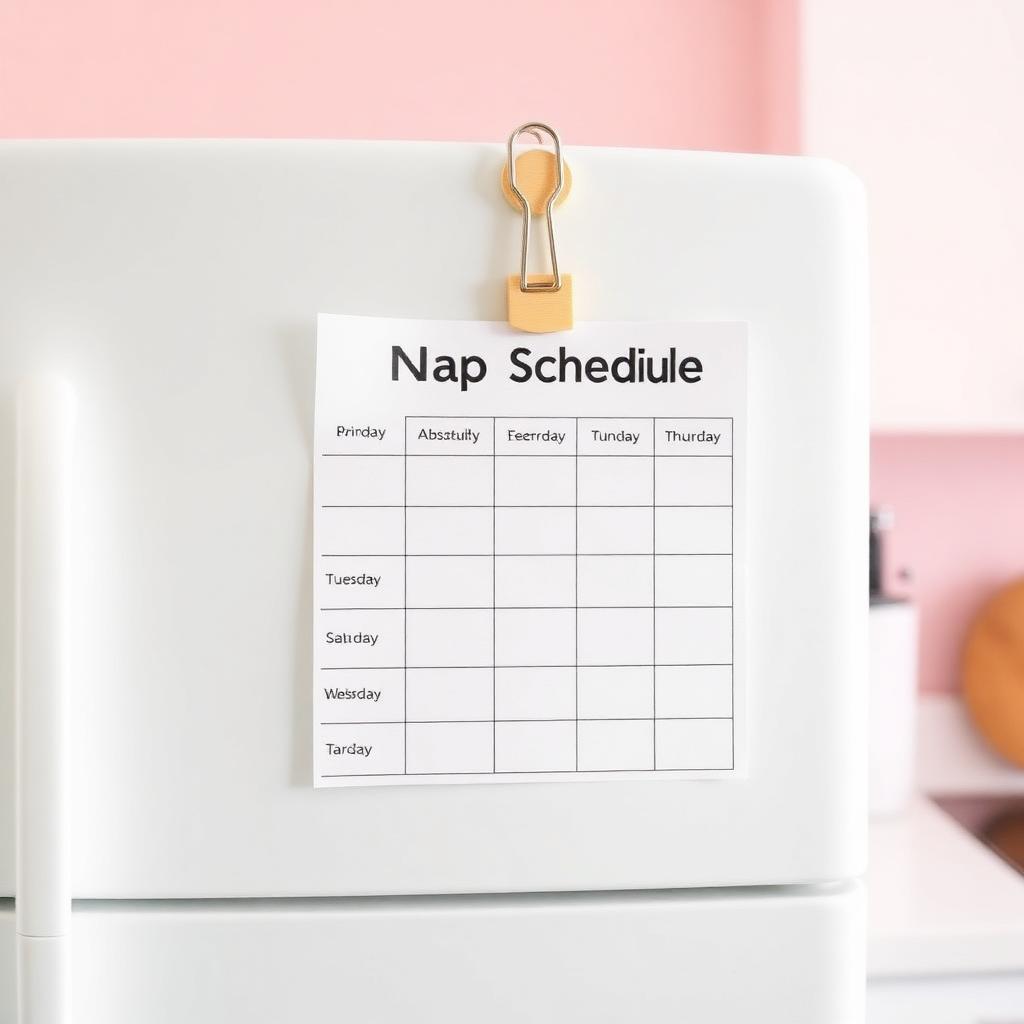 Weekly nap schedule chart held to a fridge with a small wooden clip in a pastel pink kitchen