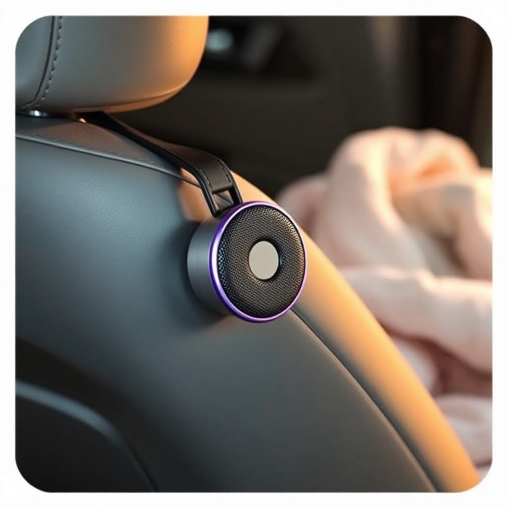Small Bluetooth speaker clipped to car seat handle with soft baby blanket