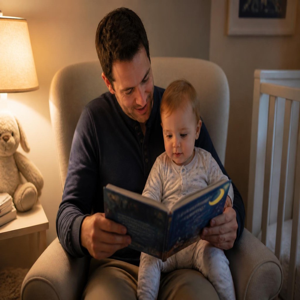 Australian dad reading a board book to his 12-month-old toddler at bedtime under a warm lamp