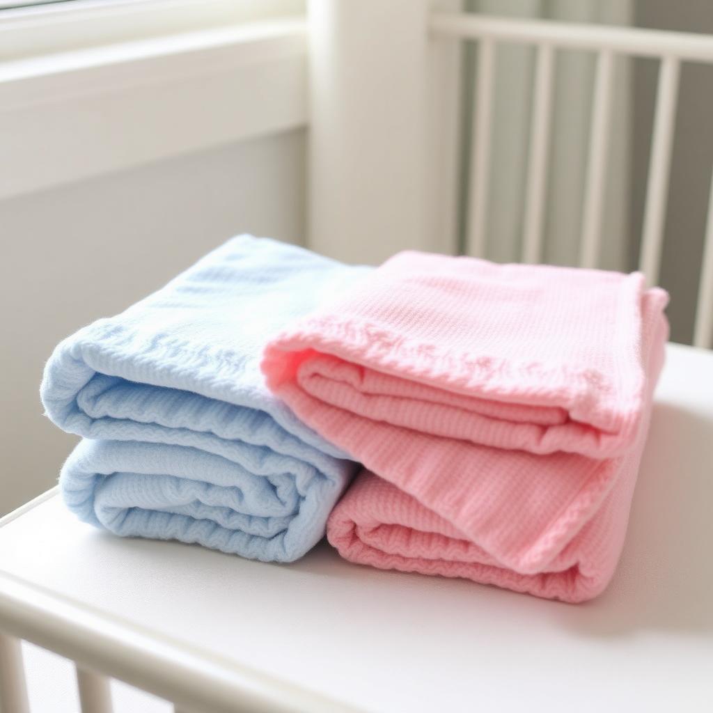Two matching small baby blankets in pastel pink and blue folded together
